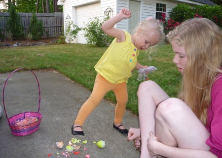 Annada loved crushing the Easter Eggs her and Meme dyed together. Meme filled them with candy and toys.